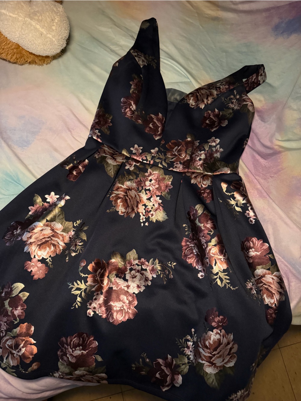 Floral Flare Dress in Navy with Rose Print